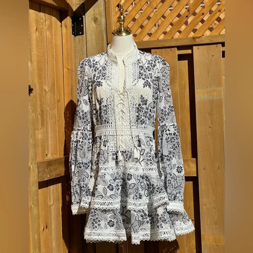 🆕 BRONX & BANCO 🧿 NWOT Santorini Long-Sleeve Tiered Floral Burnout Dress, Sz M